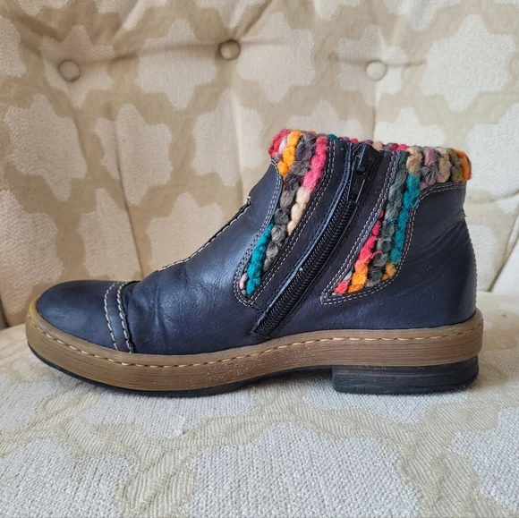 RIEKER FELICITAS MID BOOTS BOHO KNIT CUFF ZIPPER LINED NAVY EU 37 6 6.5 - Picture 6 of 15